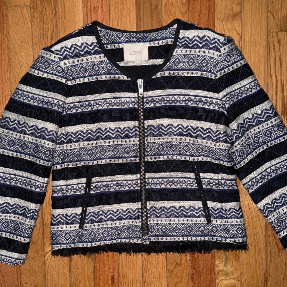 LOFT Navy and White Textured Zip-Front Blazer